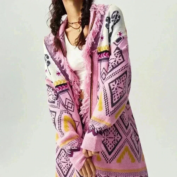 Multicolor Casual Women's Loose Geometric Pattern Fringe Trim Cardigan - Picture 4 of 4